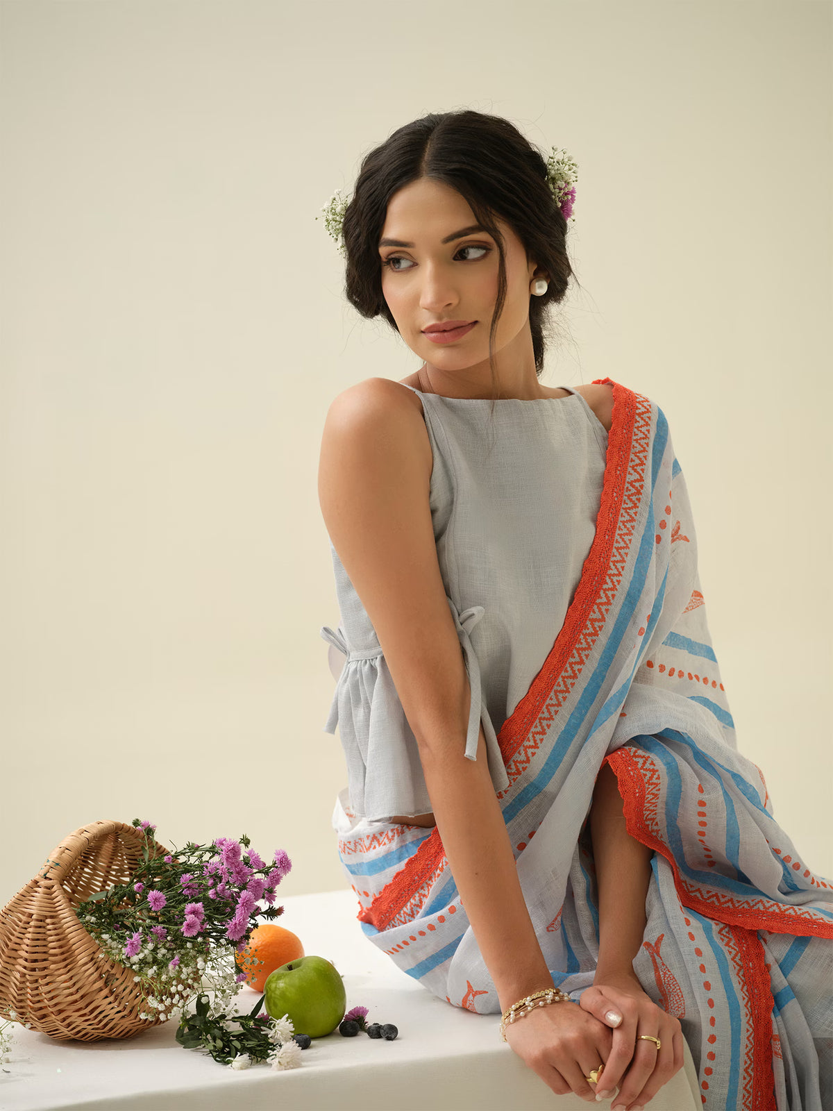 Sea Salt | Premium Pure Linen Handloom Saree with Fish Block Prints with Striped Prints Blouse Piece