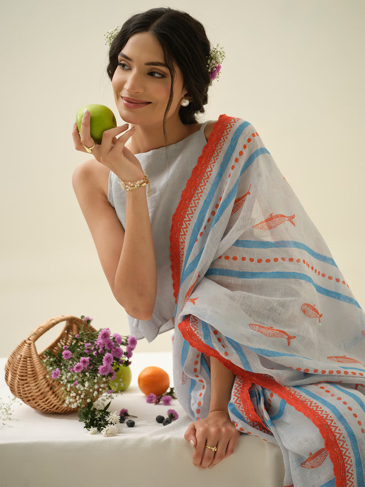 Sea Salt | Premium Pure Linen Handloom Saree with Fish Block Prints with Striped Prints Blouse Piece