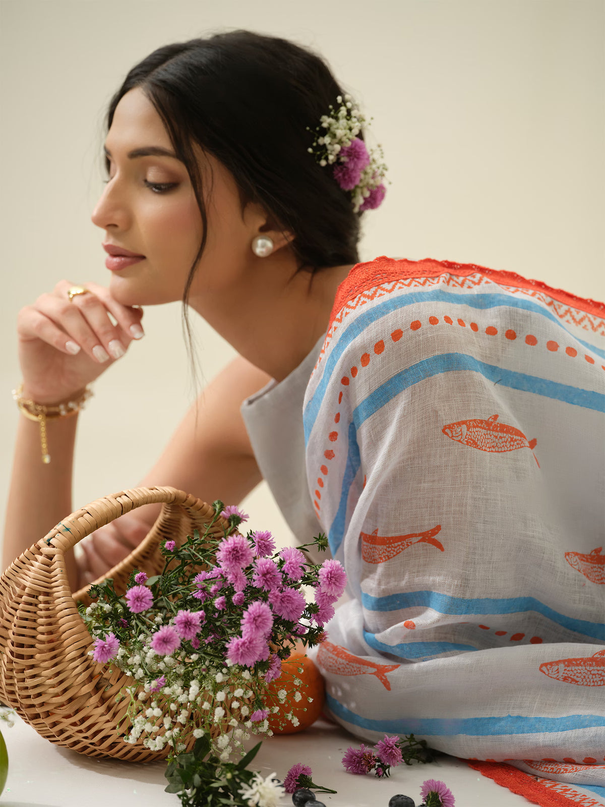 Sea Salt | Premium Pure Linen Handloom Saree with Fish Block Prints with Striped Prints Blouse Piece
