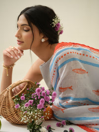 Sea Salt | Premium Pure Linen Handloom Saree with Fish Block Prints with Striped Prints Blouse Piece