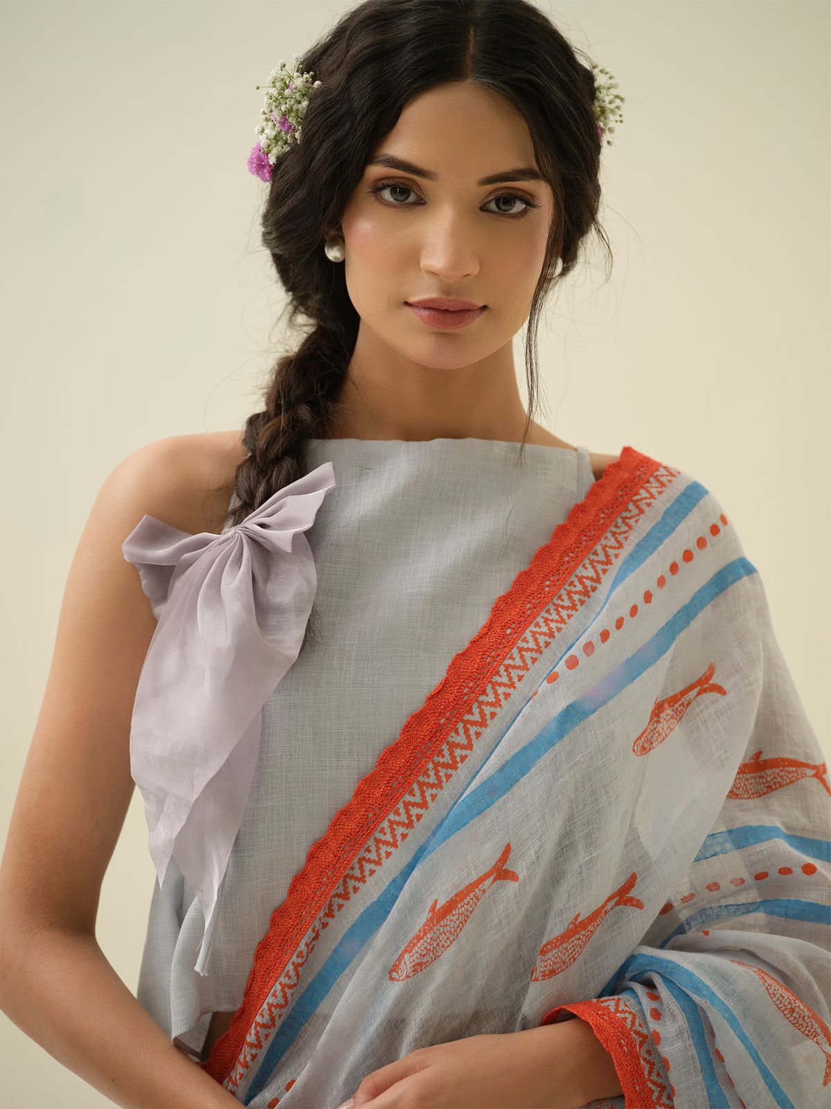 Sea Salt | Premium Pure Linen Handloom Saree with Fish Block Prints with Striped Prints Blouse Piece