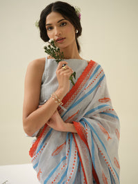 Sea Salt | Premium Pure Linen Handloom Saree with Fish Block Prints with Striped Prints Blouse Piece