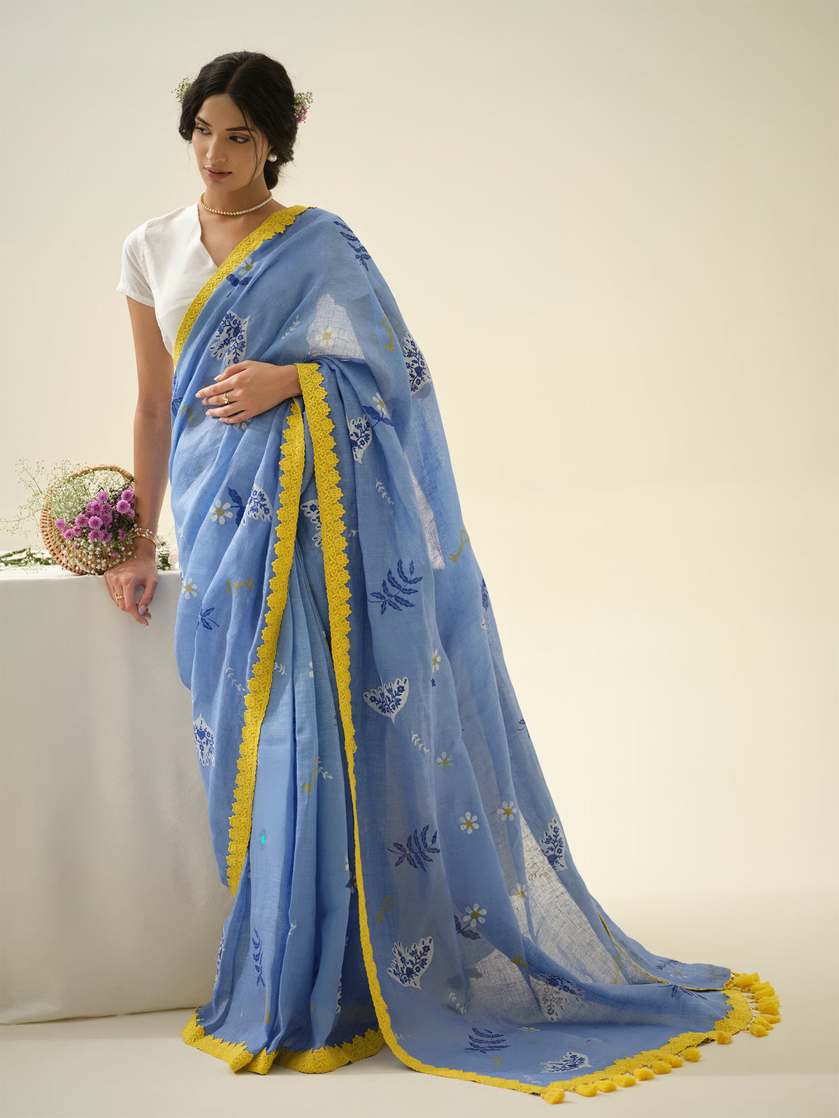 Blueberry Frosting | Premium Pure Linen Handloom Saree with Whimsical Block Prints with Floral Blue Blouse Piece