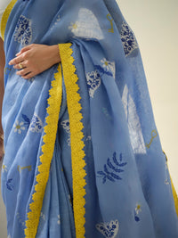 Blueberry Frosting | Premium Pure Linen Handloom Saree with Whimsical Block Prints with Floral Blue Blouse Piece