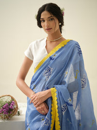 Blueberry Frosting | Premium Pure Linen Handloom Saree with Whimsical Block Prints with Floral Blue Blouse Piece
