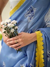 Blueberry Frosting | Premium Pure Linen Handloom Saree with Whimsical Block Prints with Floral Blue Blouse Piece