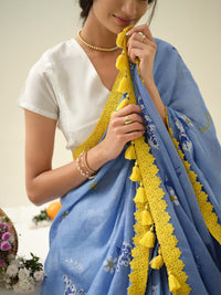 Blueberry Frosting | Premium Pure Linen Handloom Saree with Whimsical Block Prints with Floral Blue Blouse Piece