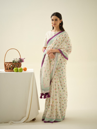 Very Berry | Premium Pure Linen Handloom Saree with Berry Block Prints with Green and Purple Striped Blouse Piece