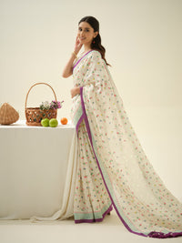 Very Berry | Premium Pure Linen Handloom Saree with Berry Block Prints with Green and Purple Striped Blouse Piece