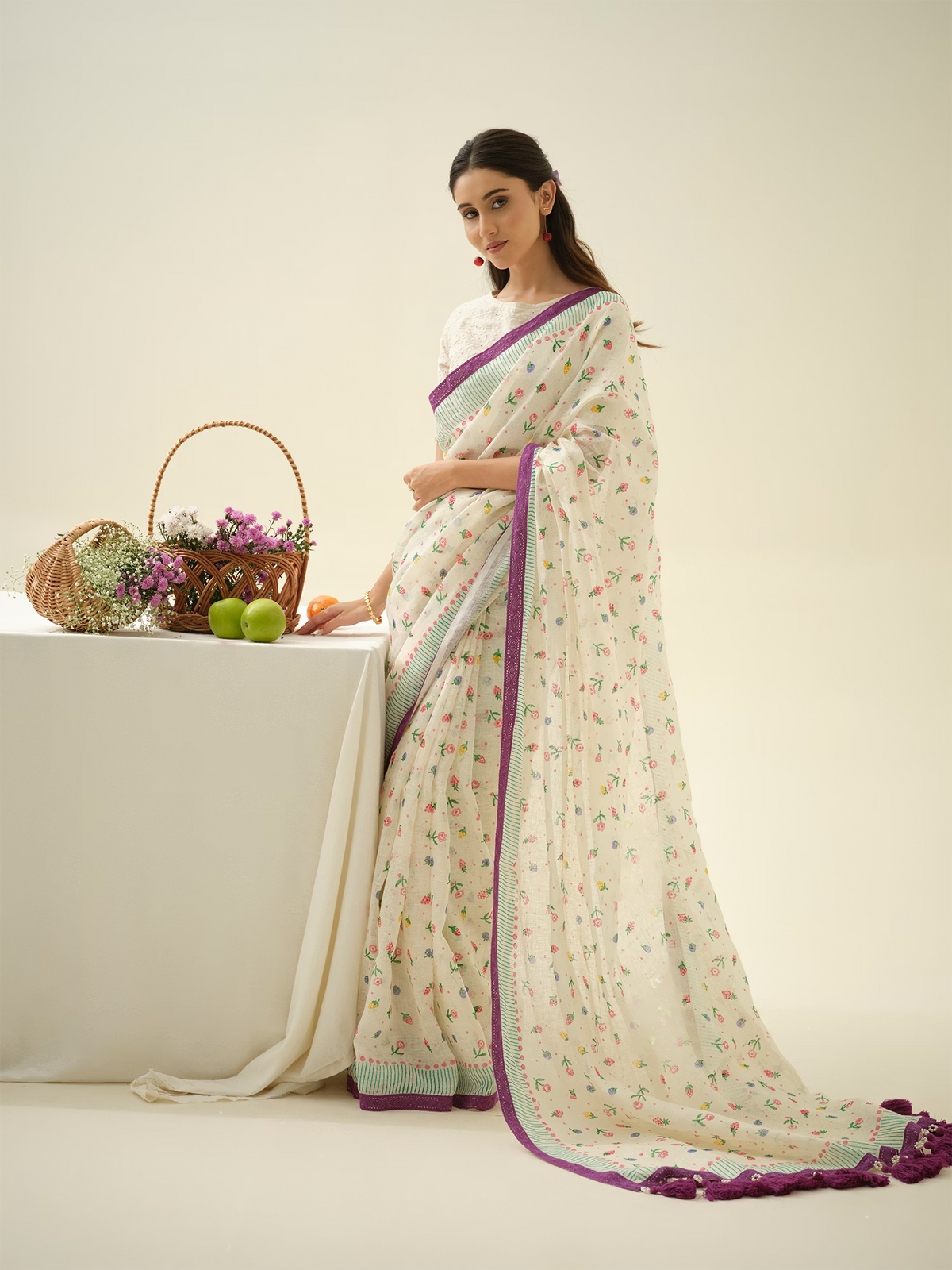Very Berry | Premium Pure Linen Handloom Saree with Berry Block Prints with Green and Purple Striped Blouse Piece