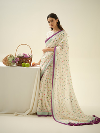 Very Berry | Premium Pure Linen Handloom Saree with Berry Block Prints with Green and Purple Striped Blouse Piece