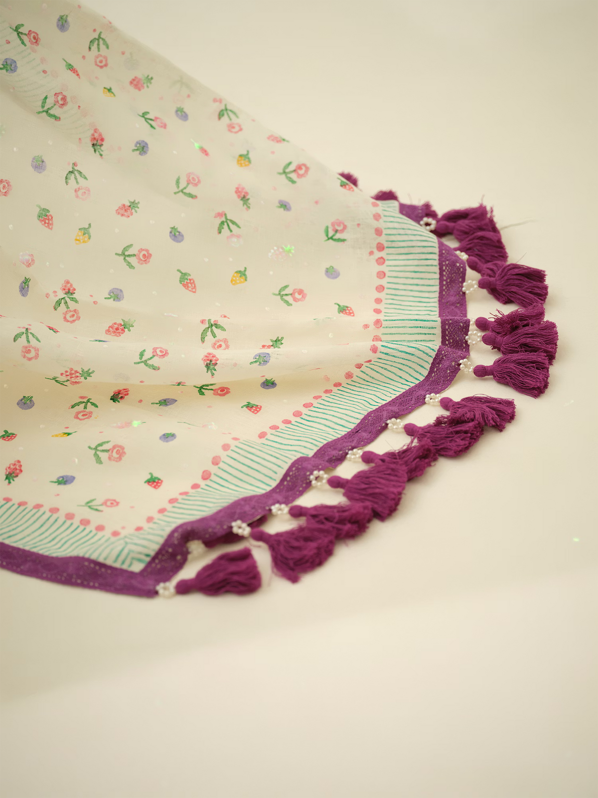 Very Berry | Premium Pure Linen Handloom Saree with Berry Block Prints with Green and Purple Striped Blouse Piece