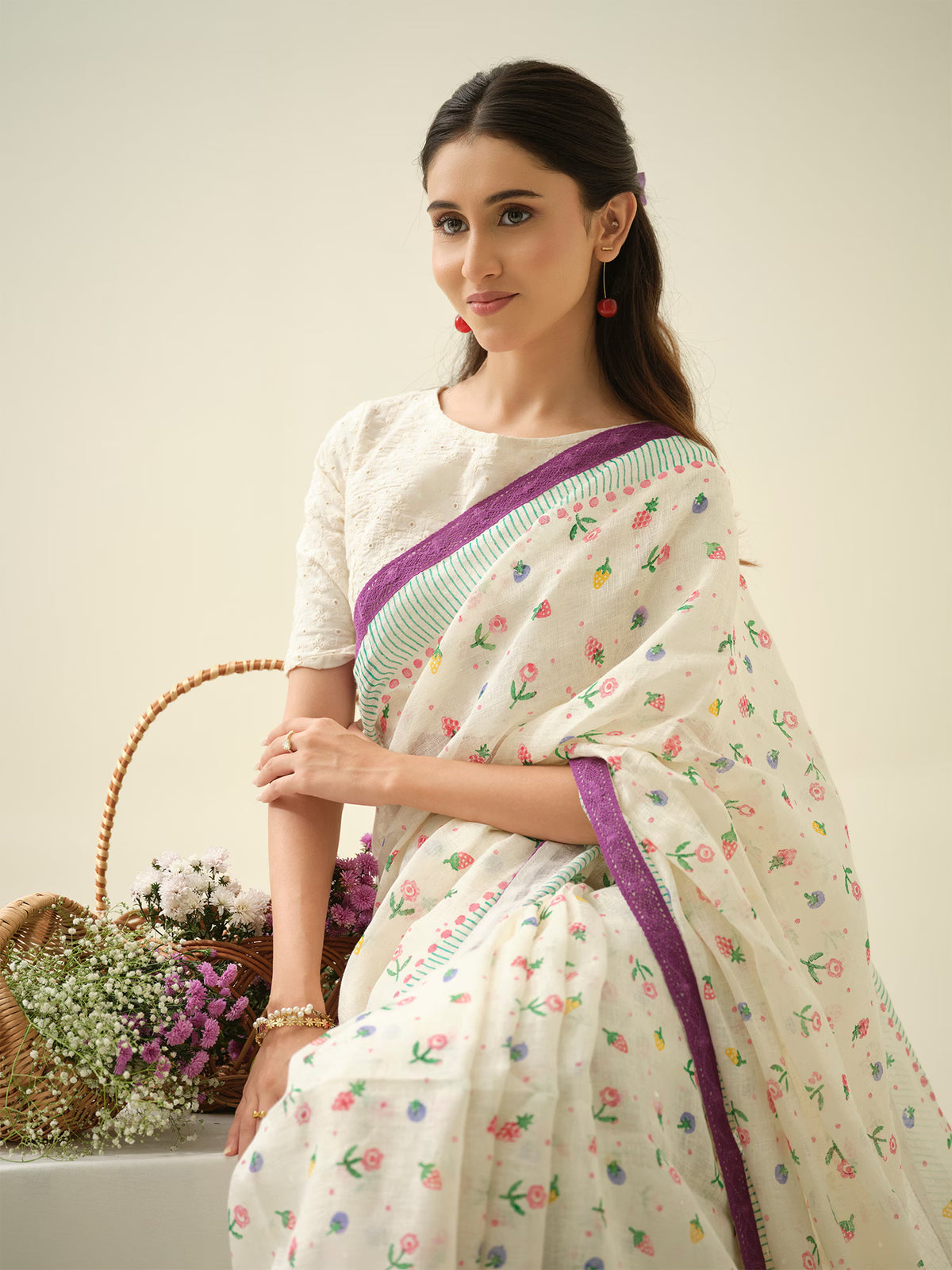 Very Berry | Premium Pure Linen Handloom Saree with Berry Block Prints with Green and Purple Striped Blouse Piece