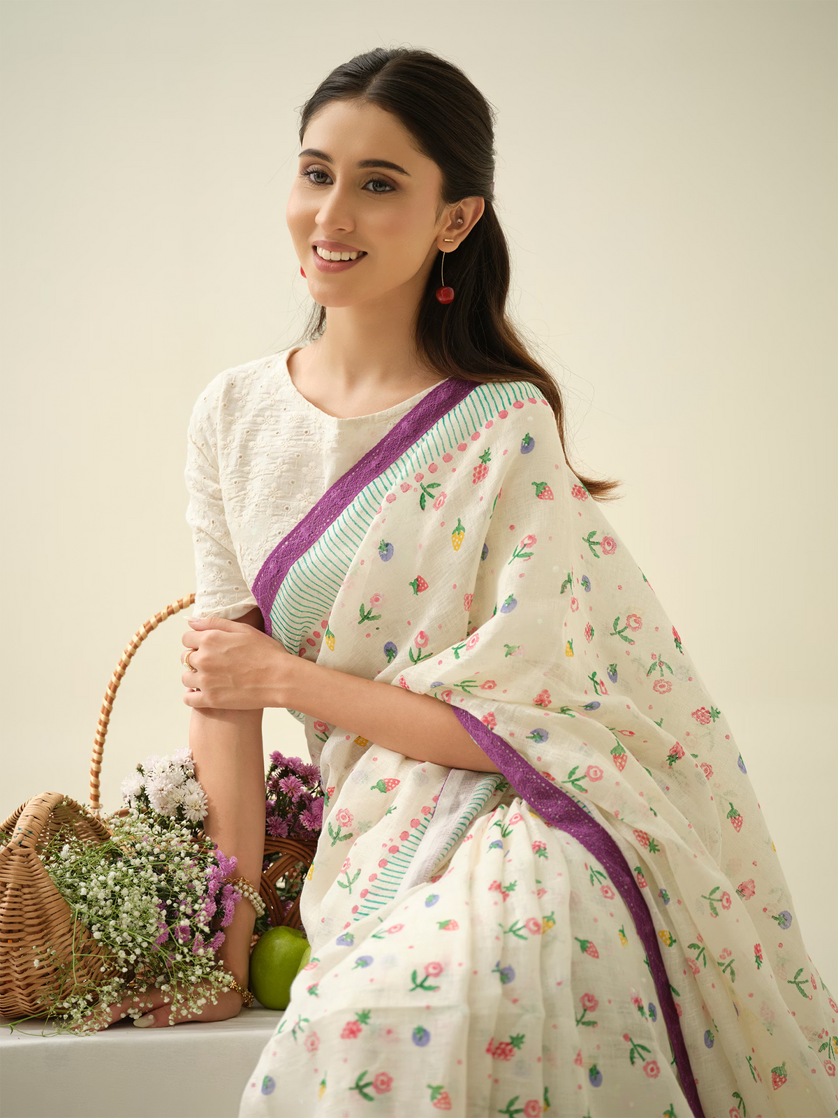 Very Berry | Premium Pure Linen Handloom Saree with Berry Block Prints with Green and Purple Striped Blouse Piece