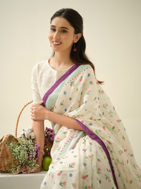 Very Berry | Premium Pure Linen Handloom Saree with Berry Block Prints with Green and Purple Striped Blouse Piece