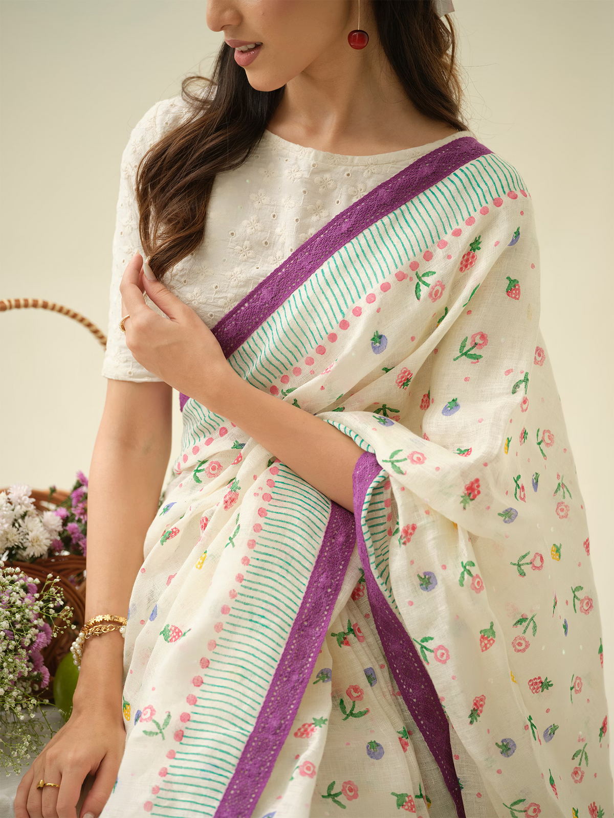 Very Berry | Premium Pure Linen Handloom Saree with Berry Block Prints with Green and Purple Striped Blouse Piece