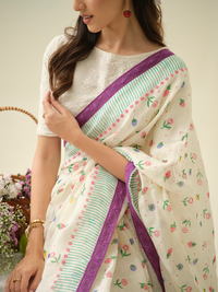 Very Berry | Premium Pure Linen Handloom Saree with Berry Block Prints with Green and Purple Striped Blouse Piece