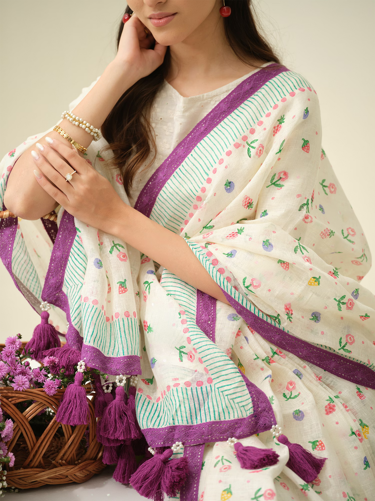 Very Berry | Premium Pure Linen Handloom Saree with Berry Block Prints with Green and Purple Striped Blouse Piece