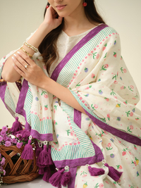 Very Berry | Premium Pure Linen Handloom Saree with Berry Block Prints with Green and Purple Striped Blouse Piece