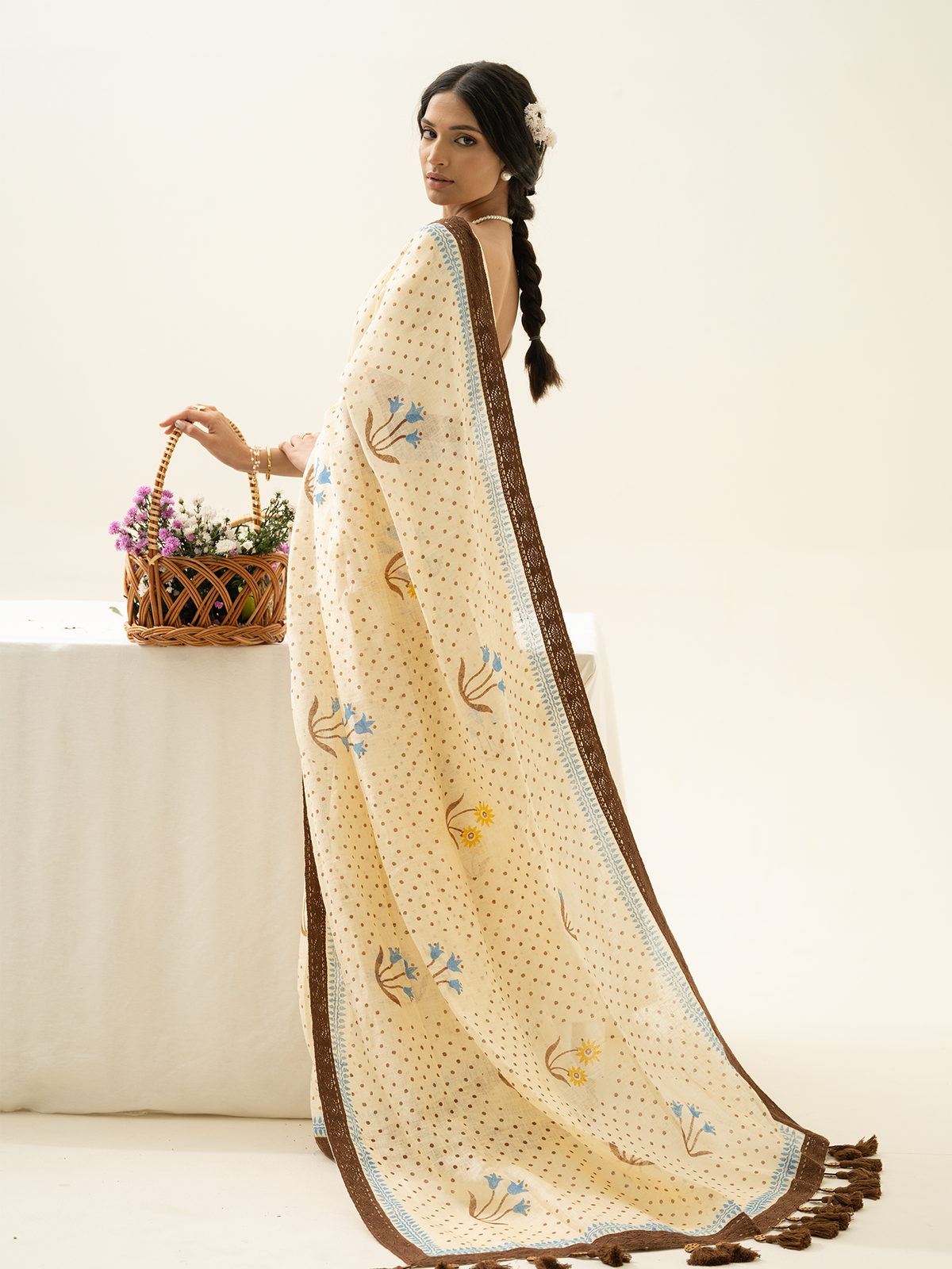 Mint Choco-Chip | Premium Pure Linen Handloom Saree with Floral Block Prints and Dotted Accents with Brown and Mint Striped Blouse Piece