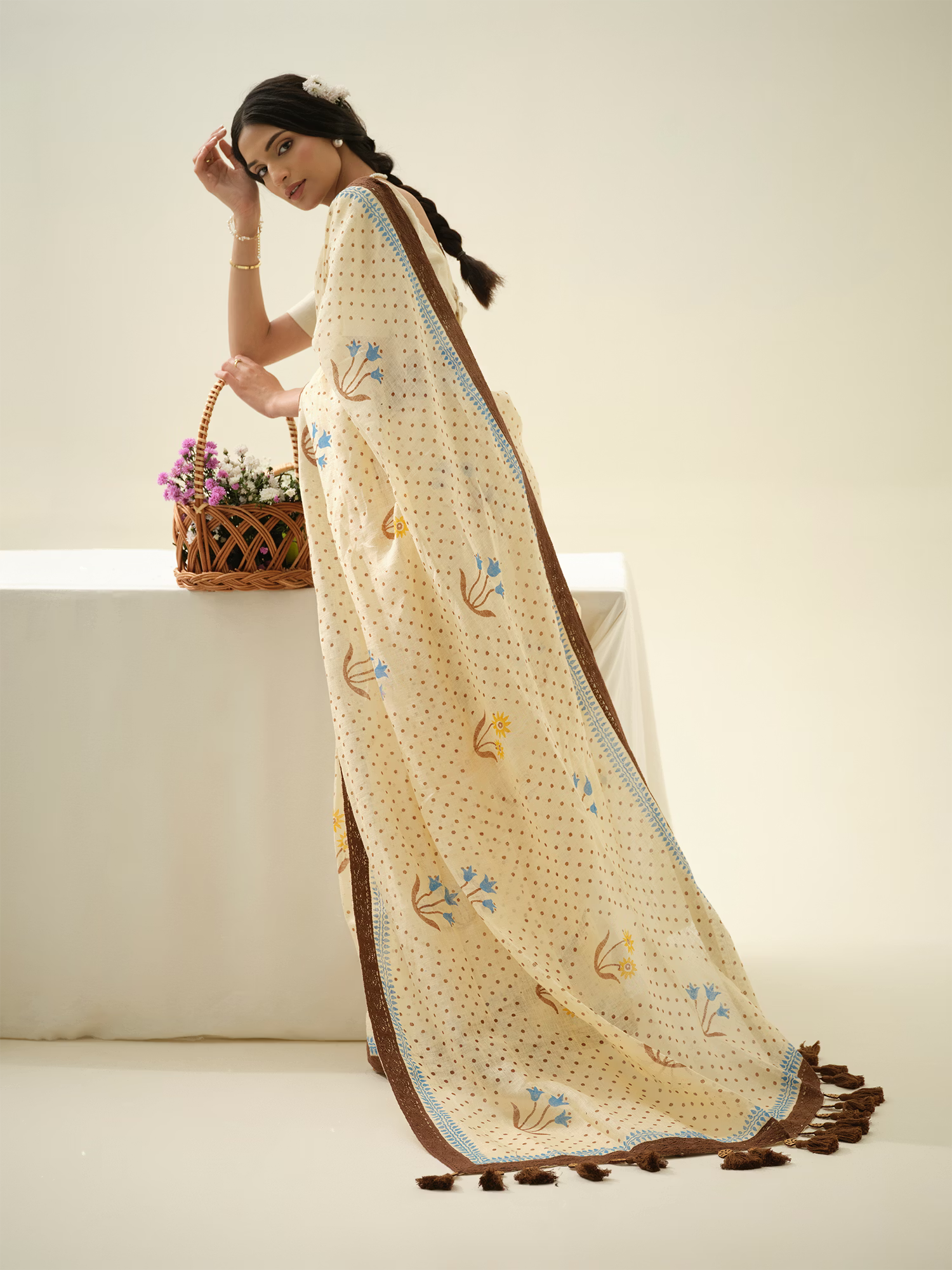 Mint Choco-Chip | Premium Pure Linen Handloom Saree with Floral Block Prints and Dotted Accents with Brown and Mint Striped Blouse Piece