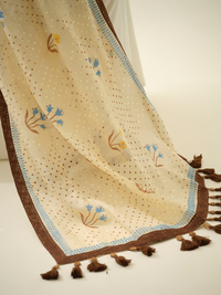 Mint Choco-Chip | Premium Pure Linen Handloom Saree with Floral Block Prints and Dotted Accents with Brown and Mint Striped Blouse Piece