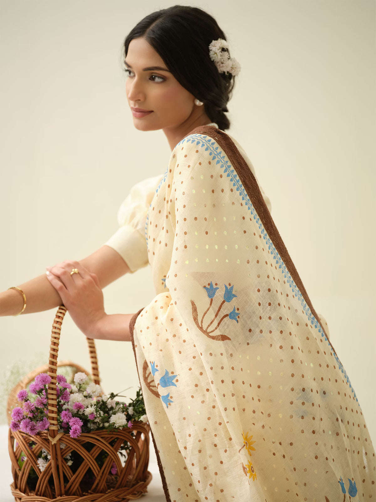 Mint Choco-Chip | Premium Pure Linen Handloom Saree with Floral Block Prints and Dotted Accents with Brown and Mint Striped Blouse Piece