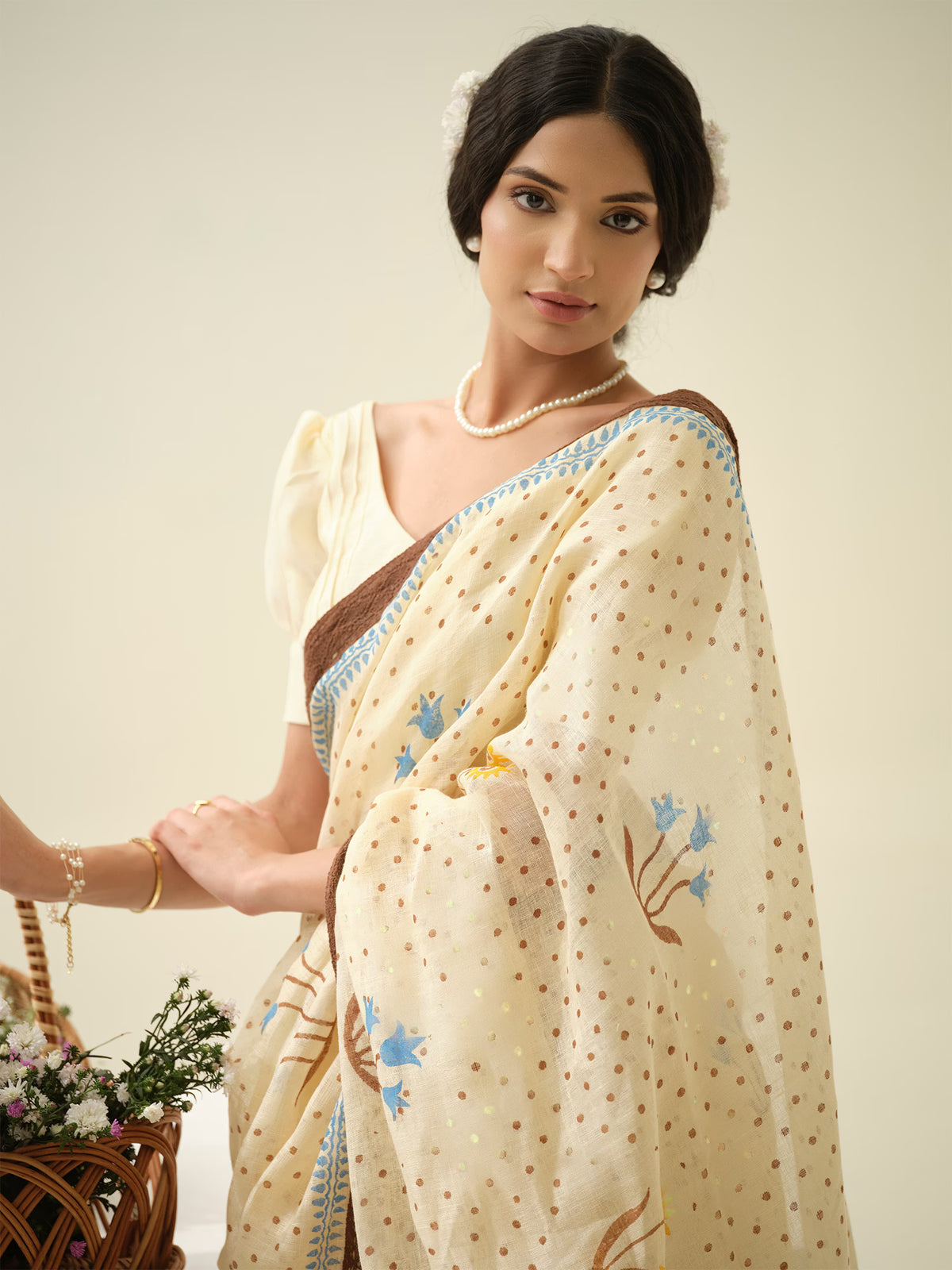 Mint Choco-Chip | Premium Pure Linen Handloom Saree with Floral Block Prints and Dotted Accents with Brown and Mint Striped Blouse Piece