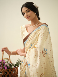 Mint Choco-Chip | Premium Pure Linen Handloom Saree with Floral Block Prints and Dotted Accents with Brown and Mint Striped Blouse Piece