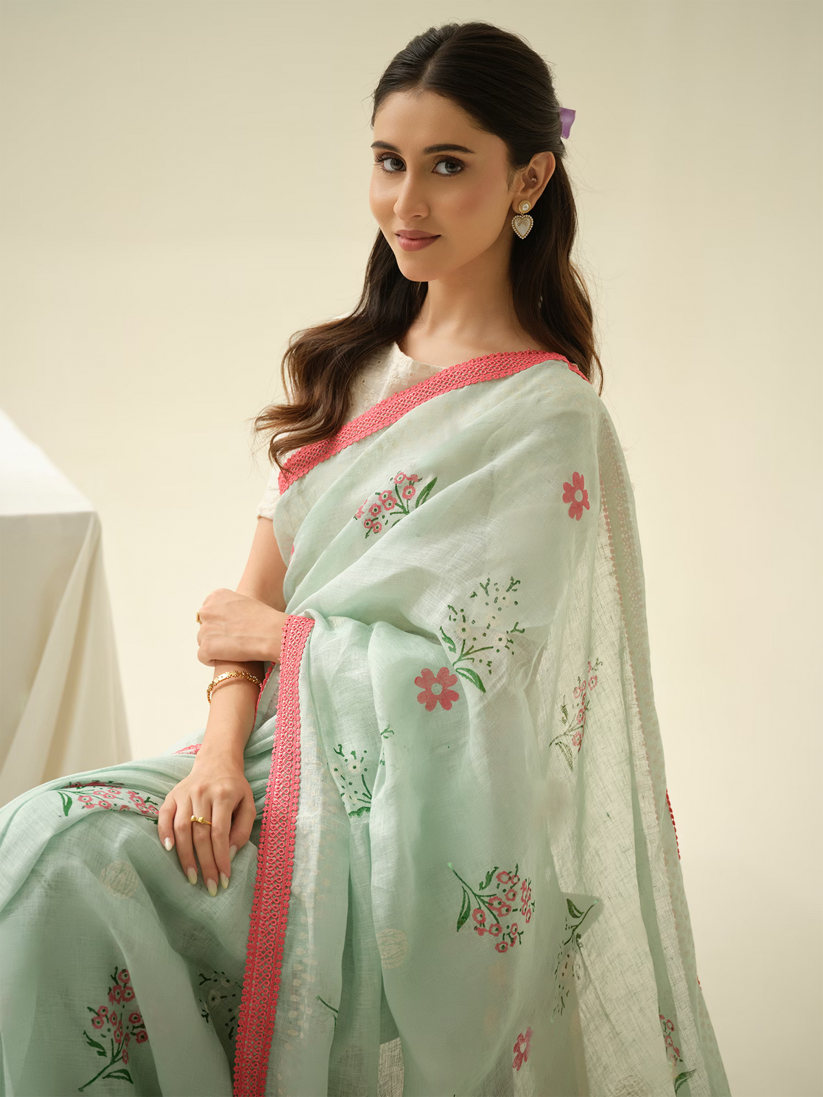 Mint Meringue | Premium Pure Linen Handloom Saree with Floral Block Prints with Sage Green Dashed Blouse Piece