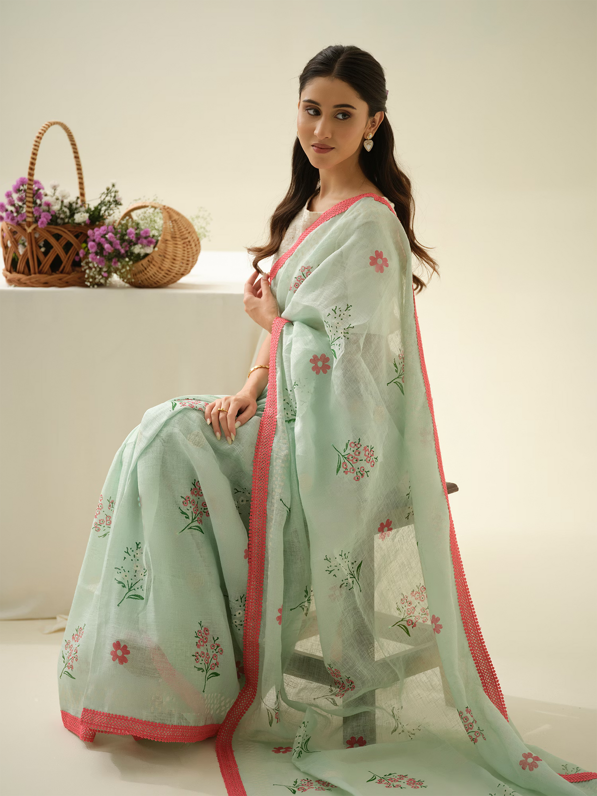 Mint Meringue | Premium Pure Linen Handloom Saree with Floral Block Prints with Sage Green Dashed Blouse Piece