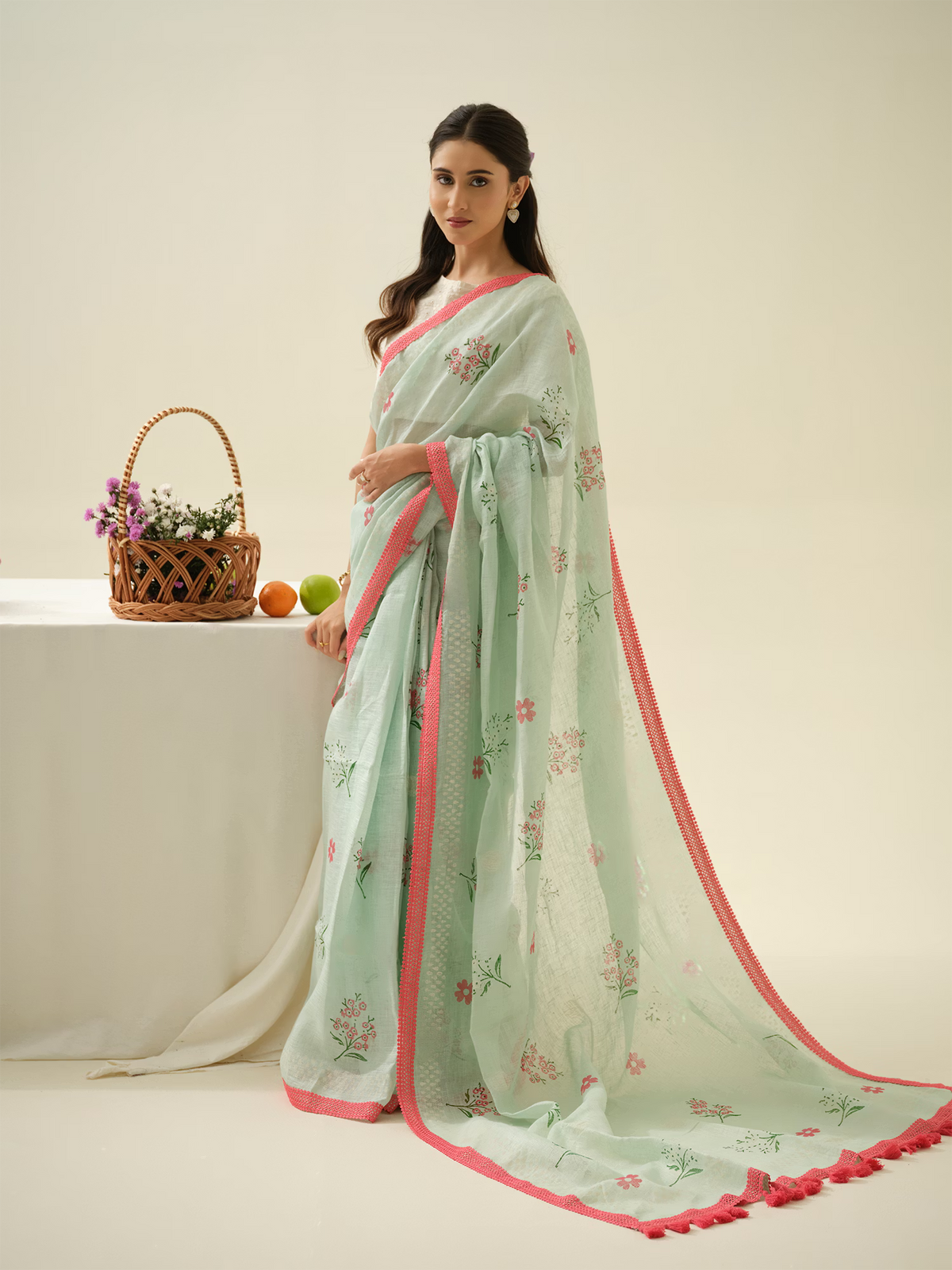 Mint Meringue | Premium Pure Linen Handloom Saree with Floral Block Prints with Sage Green Dashed Blouse Piece