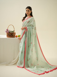 Mint Meringue | Premium Pure Linen Handloom Saree with Floral Block Prints with Sage Green Dashed Blouse Piece