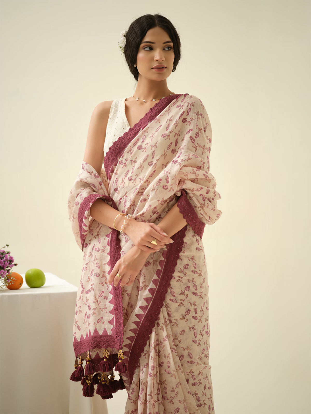 Pomegranate Sorbet | Premium Pure Linen Handloom Saree with Pomegranate Block Prints with Checkered Blouse Piece