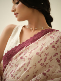 Pomegranate Sorbet | Premium Pure Linen Handloom Saree with Pomegranate Block Prints with Checkered Blouse Piece