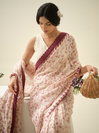 Pomegranate Sorbet | Premium Pure Linen Handloom Saree with Pomegranate Block Prints with Checkered Blouse Piece