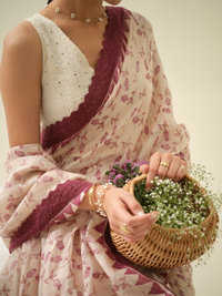 Pomegranate Sorbet | Premium Pure Linen Handloom Saree with Pomegranate Block Prints with Checkered Blouse Piece