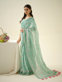 Cotton Candy | Premium Pure Linen Handloom Saree with Zig-Zag Block Prints with Candy Pink Striped Blouse Piece