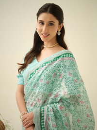 Cotton Candy | Premium Pure Linen Handloom Saree with Zig-Zag Block Prints with Candy Pink Striped Blouse Piece