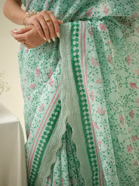 Cotton Candy | Premium Pure Linen Handloom Saree with Zig-Zag Block Prints with Candy Pink Striped Blouse Piece