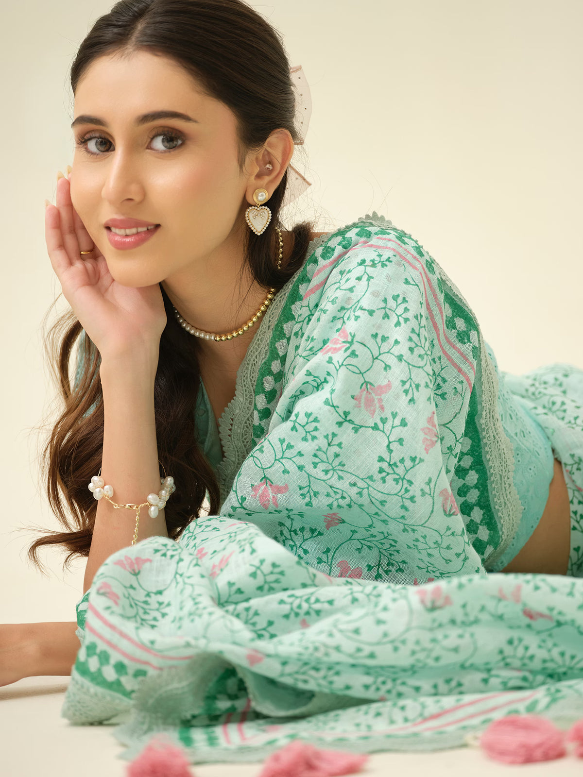 Cotton Candy | Premium Pure Linen Handloom Saree with Zig-Zag Block Prints with Candy Pink Striped Blouse Piece