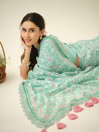 Cotton Candy | Premium Pure Linen Handloom Saree with Zig-Zag Block Prints with Candy Pink Striped Blouse Piece