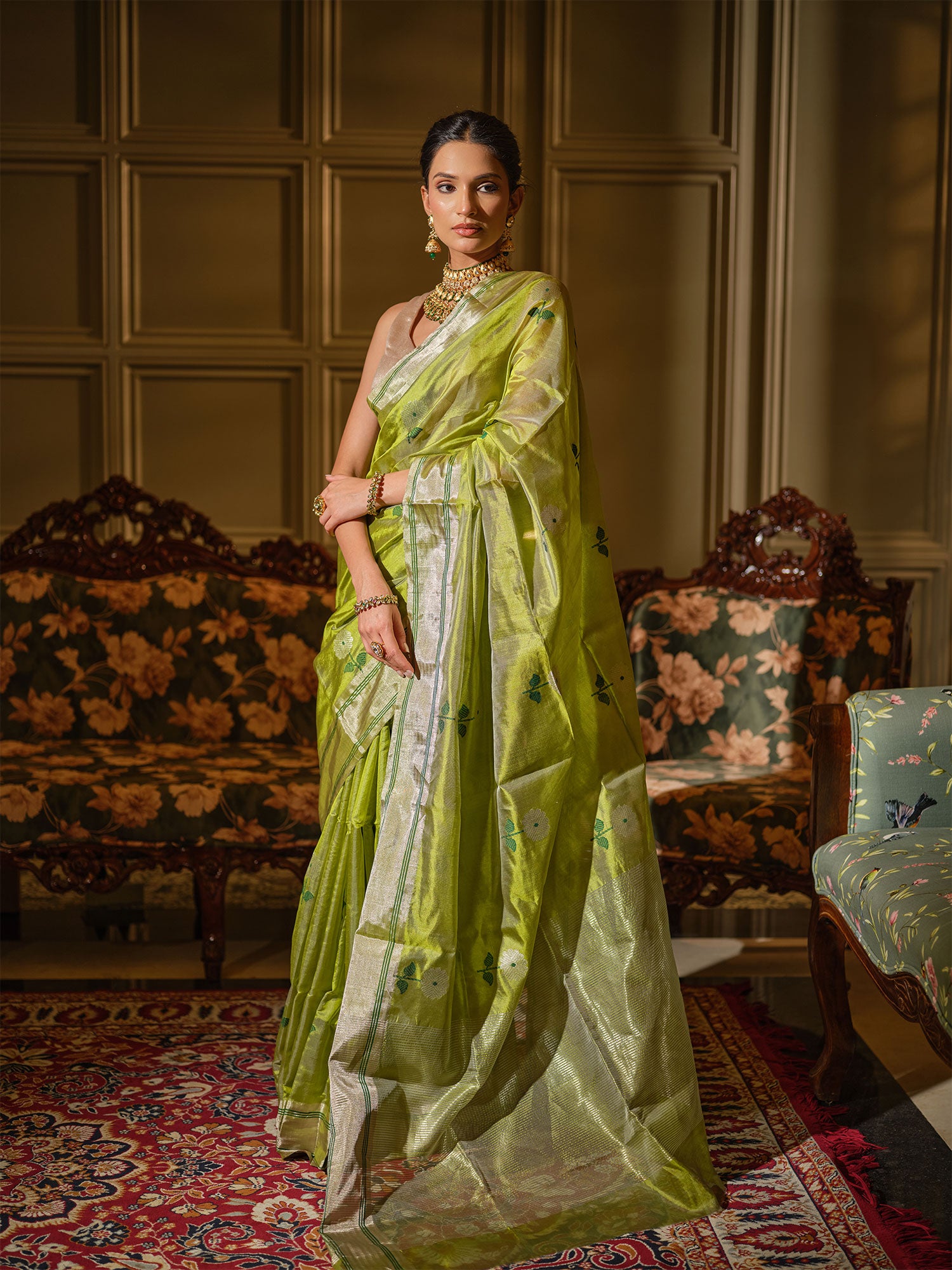 Vasantika - Lime Green Chanderi Pattu Silk Handloom Saree