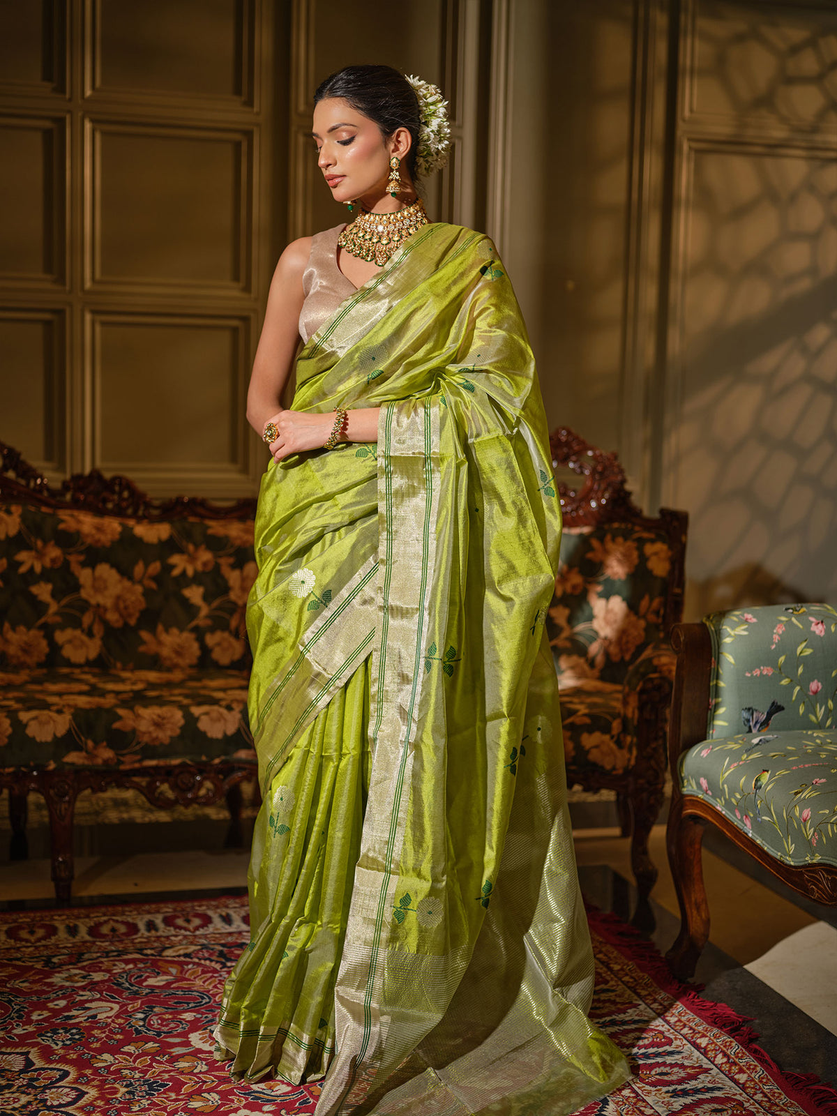 Vasantika - Lime Green Chanderi Pattu Silk Handloom Saree