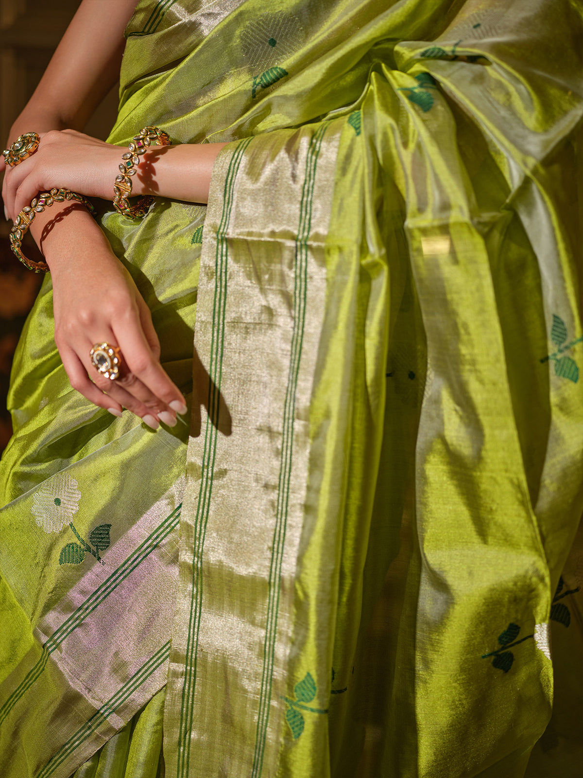 Vasantika - Lime Green Chanderi Pattu Silk Handloom Saree