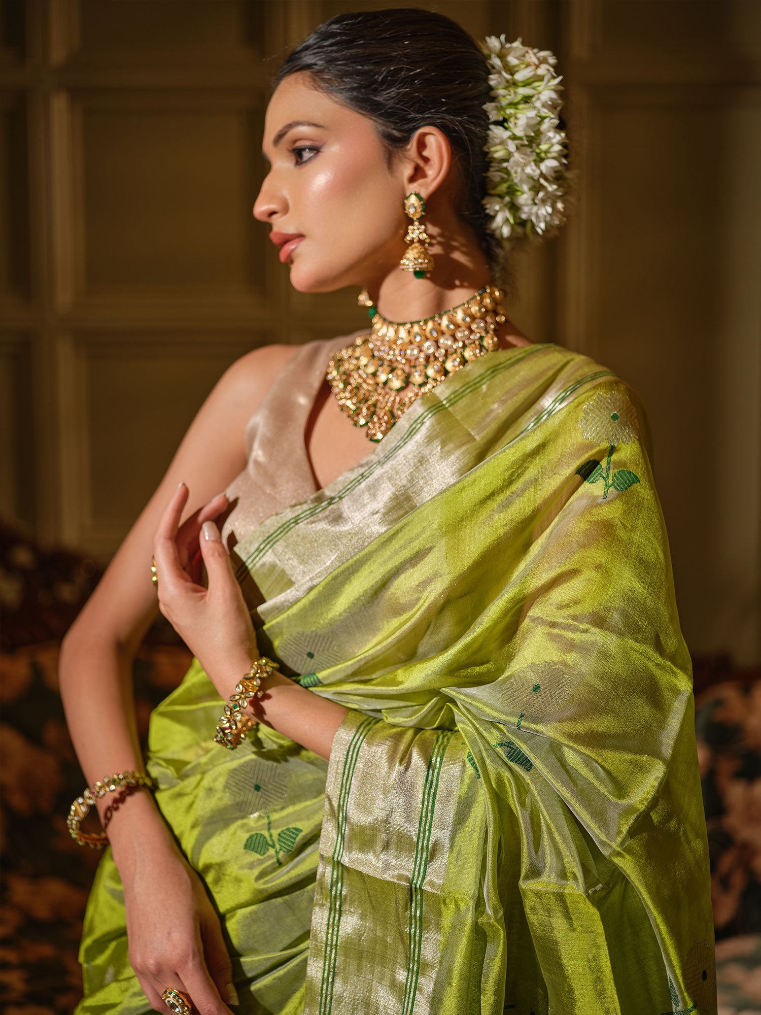 Vasantika - Lime Green Chanderi Pattu Silk Handloom Saree