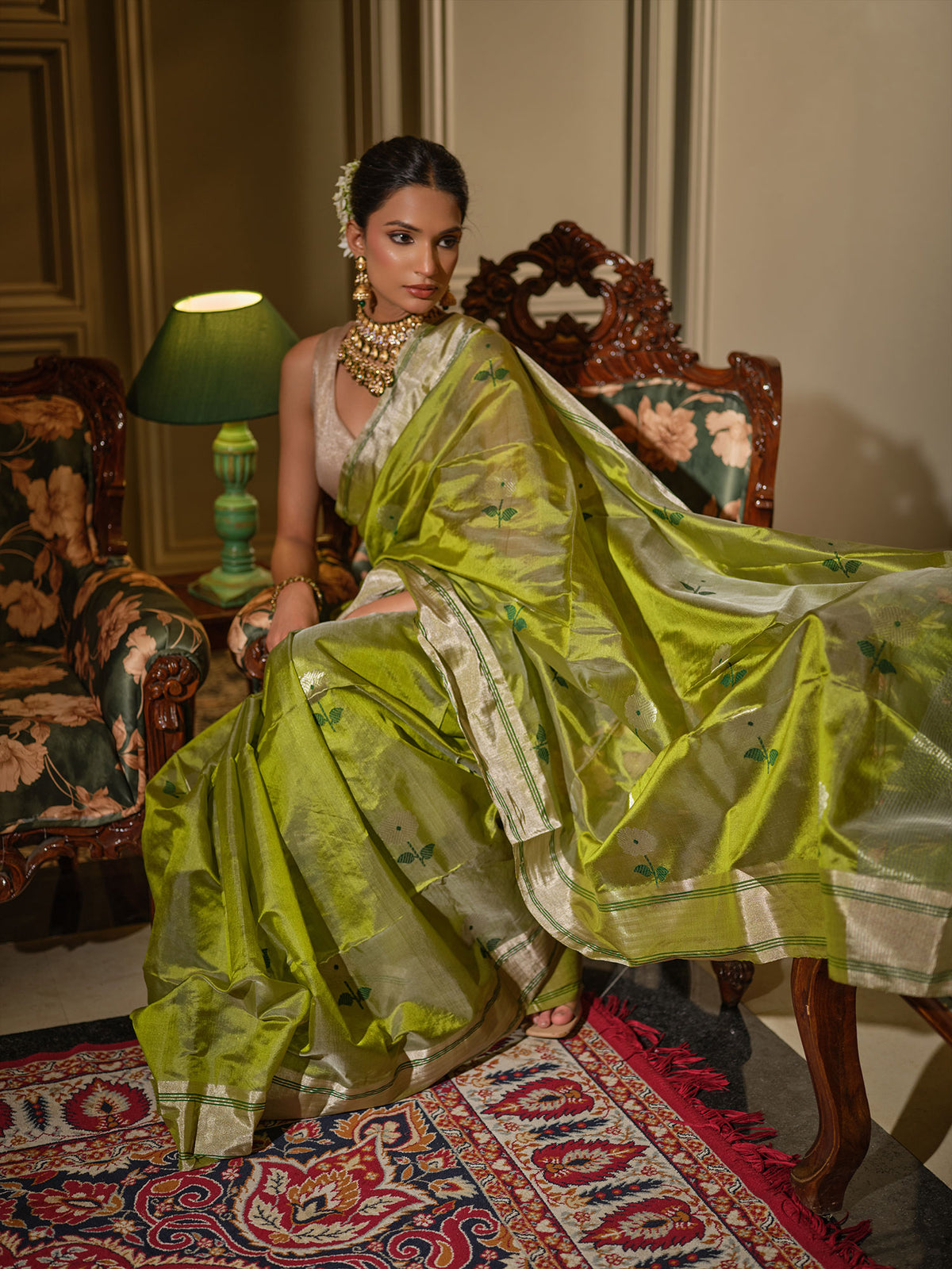Vasantika - Lime Green Chanderi Pattu Silk Handloom Saree