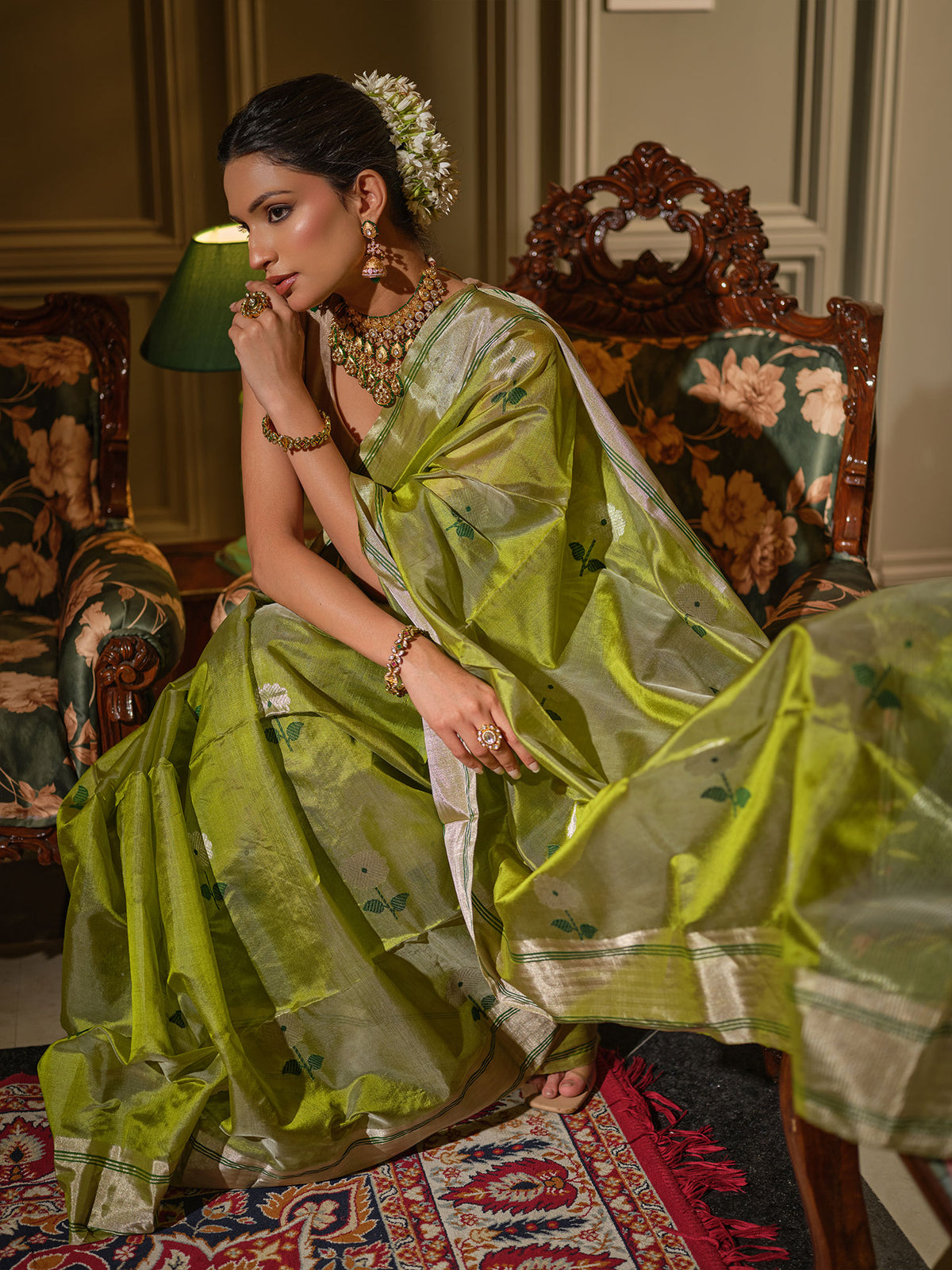 Vasantika - Lime Green Chanderi Pattu Silk Handloom Saree