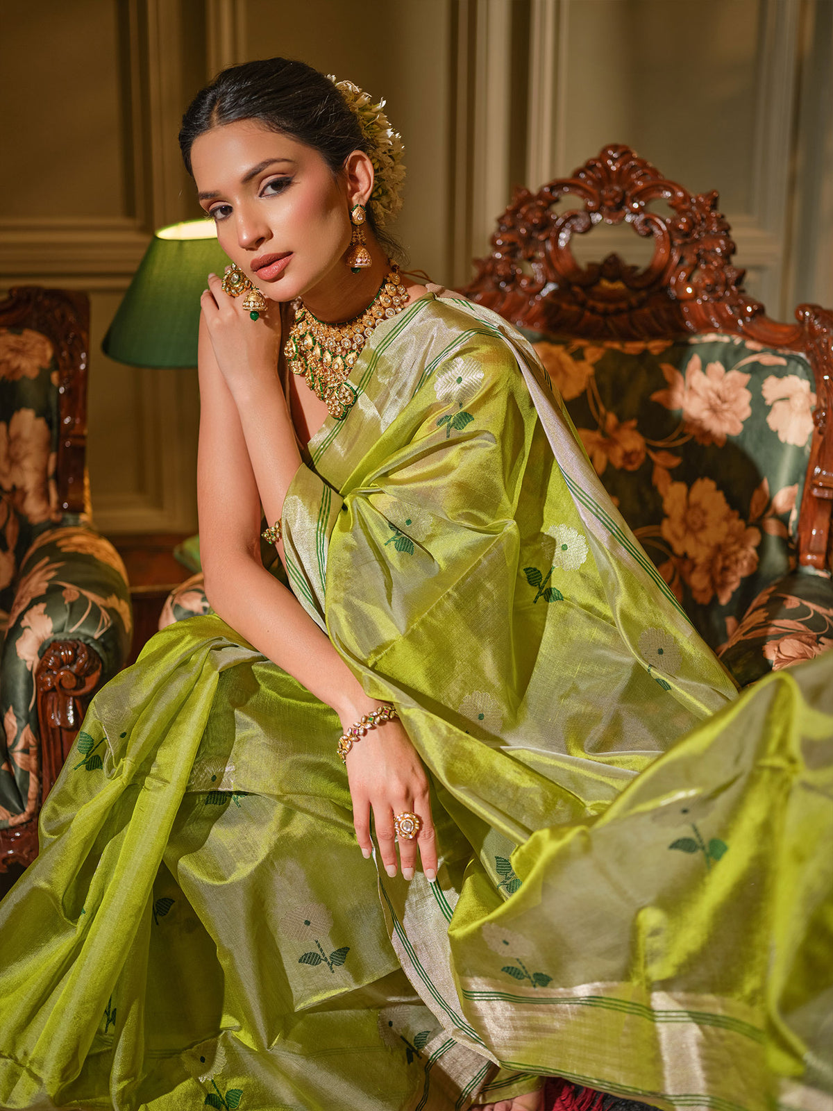 Vasantika - Lime Green Chanderi Pattu Silk Handloom Saree