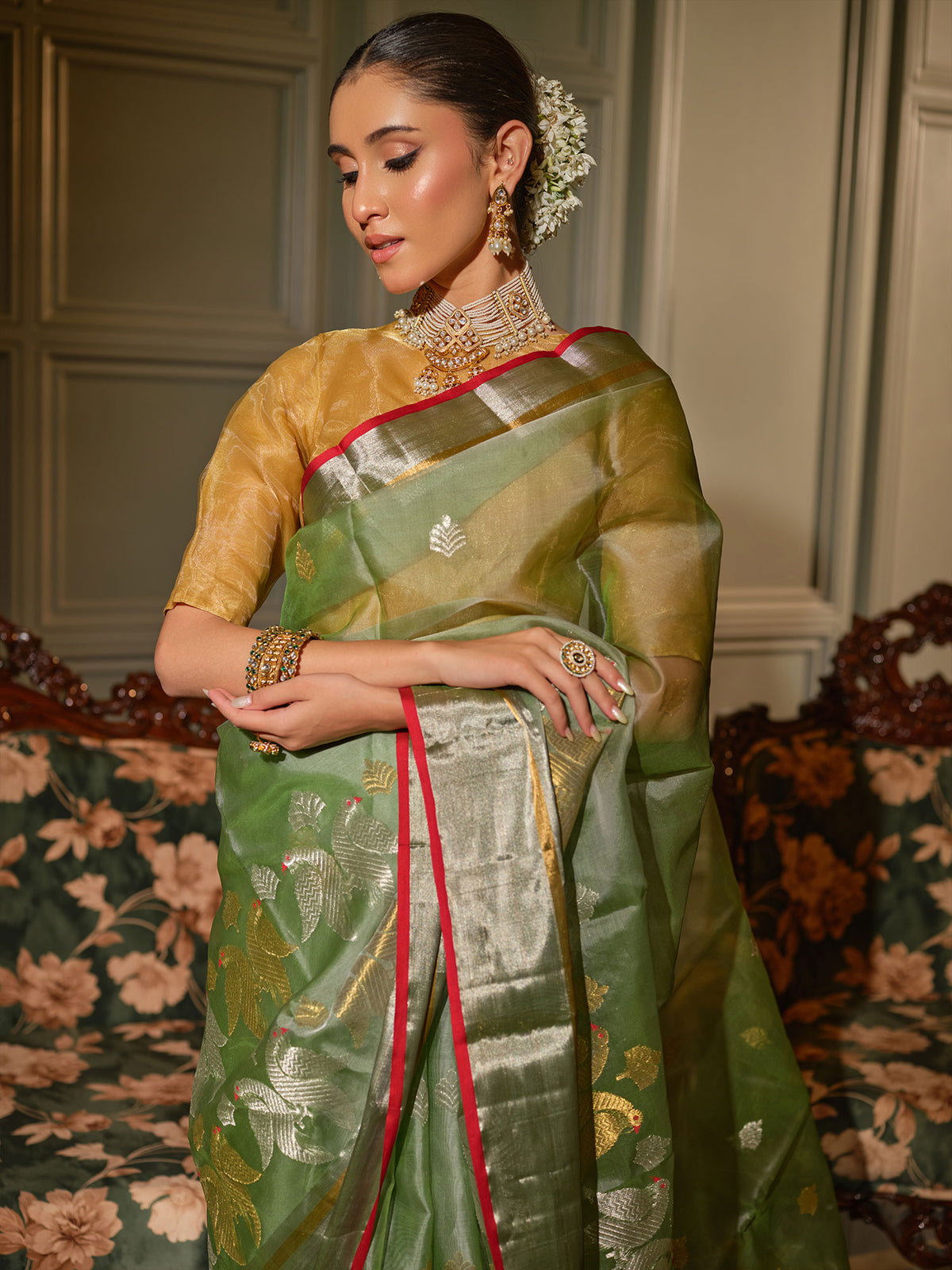 Chitrangada - Sage Green Chanderi Katan Silk Handloom Saree